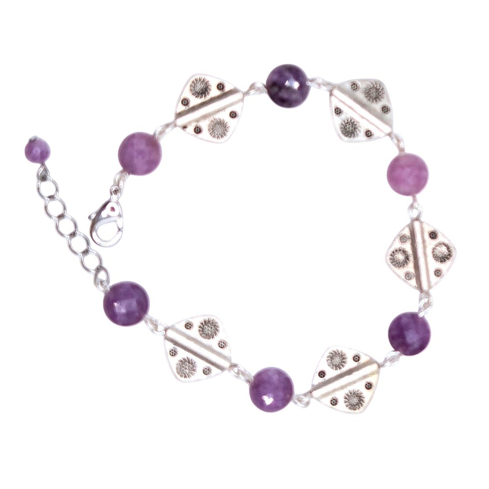 Handmade Artsy Charoite Silver Alloy Square Link Bracelet Boho Purple Stones